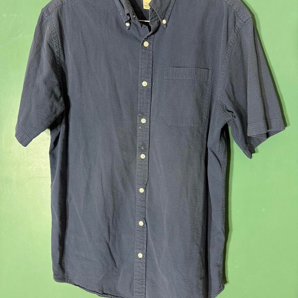 LL Bean Mens Short Sleeve Button Down Shirt L Tall Navy Blue Cotton Seersucker